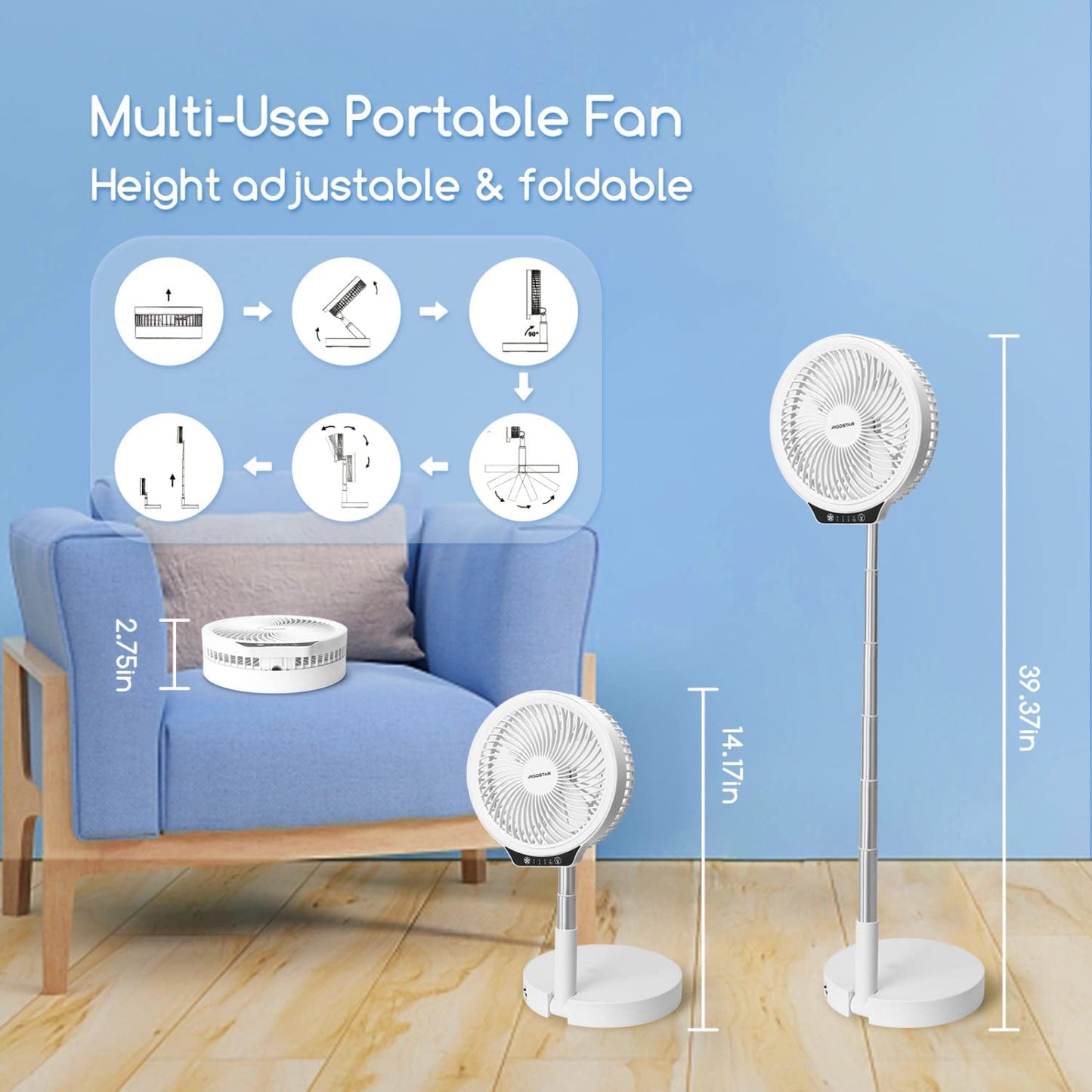 8" Foldaway Portable Fan, 8000Mah Rechargeable Battery Operated Pedestal Fan for Bedroom, 4 Speeds Adjustable Height with Night Light, Fast Charging Power Bank Table Fan for Camping, Outdoor