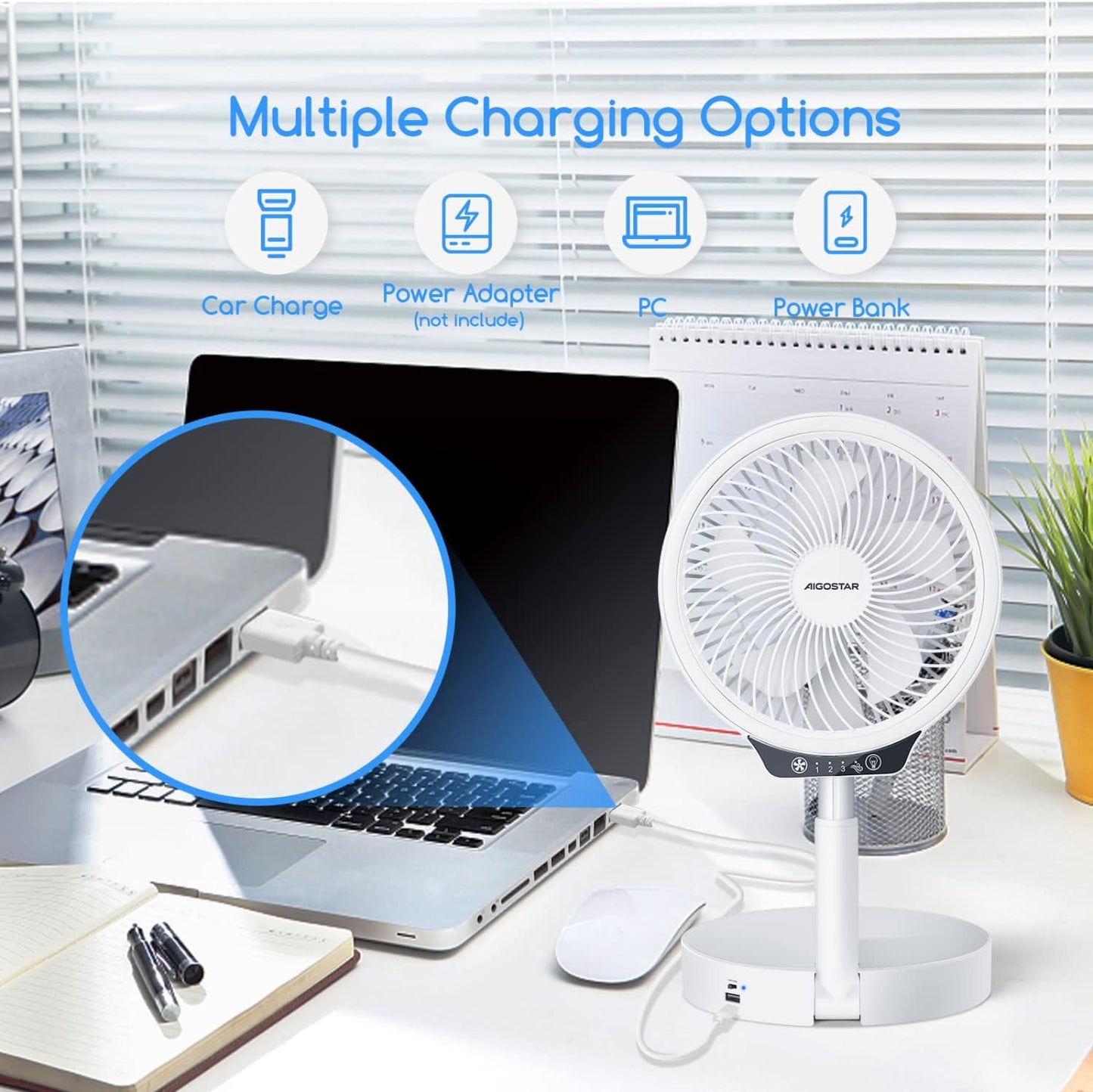 8" Foldaway Portable Fan, 8000Mah Rechargeable Battery Operated Pedestal Fan for Bedroom, 4 Speeds Adjustable Height with Night Light, Fast Charging Power Bank Table Fan for Camping, Outdoor