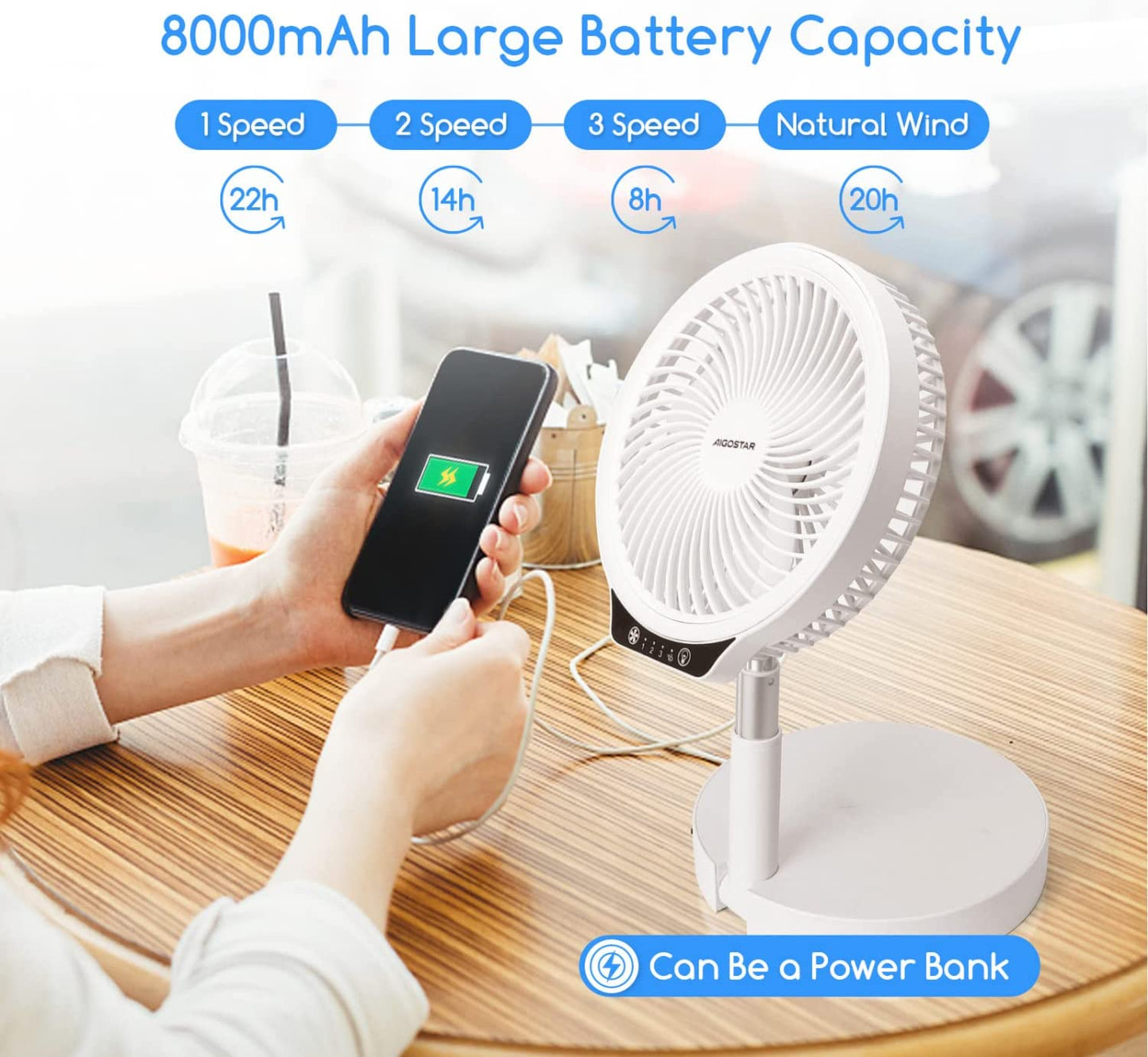 8" Foldaway Portable Fan, 8000Mah Rechargeable Battery Operated Pedestal Fan for Bedroom, 4 Speeds Adjustable Height with Night Light, Fast Charging Power Bank Table Fan for Camping, Outdoor